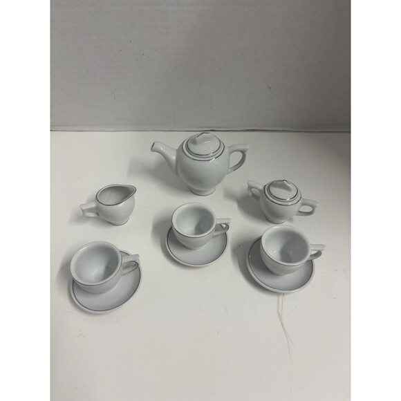 11 Piece Ceramic Tea set Playtime Tea Time White Silver Glossy - Picture 2 of 11